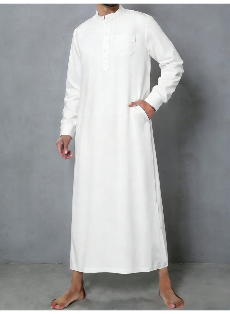 ثوب رجالي سعودي كلاسيكي أبيض بأكمام طويلة جلباب إسلامي بياقة واقفة - Image 1